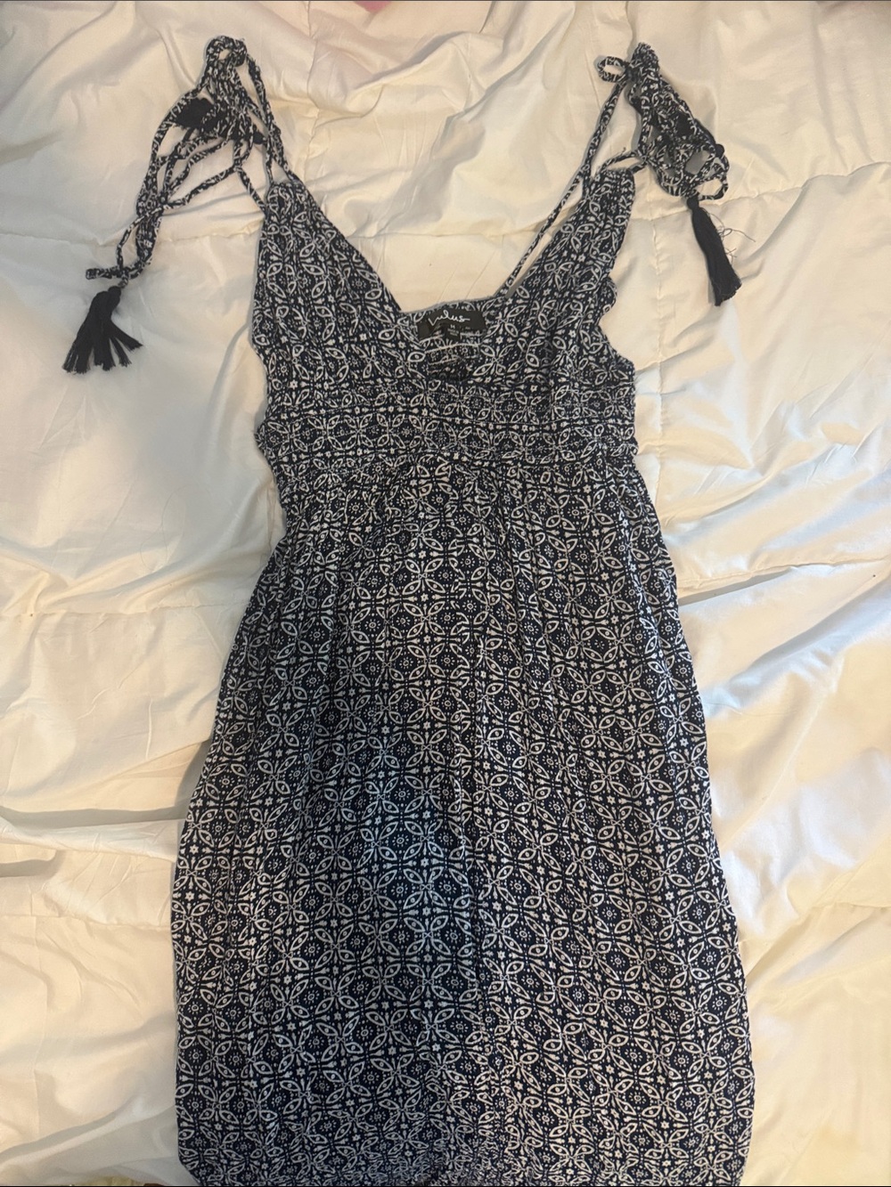 Lulu's Navy and White Printed Midi Dress with Tie Straps